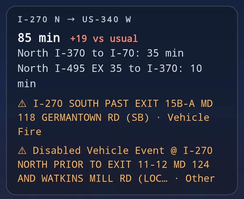 Example: I-270 N to US-340 W, 85 min, plus two live CHART traffic incidents